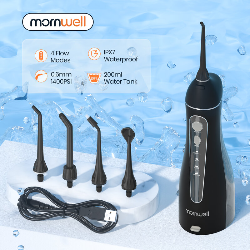 Mornwell-irrigador Oral portátil con bolsa de viaje, hilo dental recargable por USB, 5 boquillas, chorro de agua, tanque de agua impermeable de 200ml