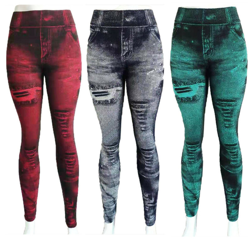Leggings jeans de imitação feminina angustiada, calça de cintura alta, leggings fitness finas, push up esportivo, 2022