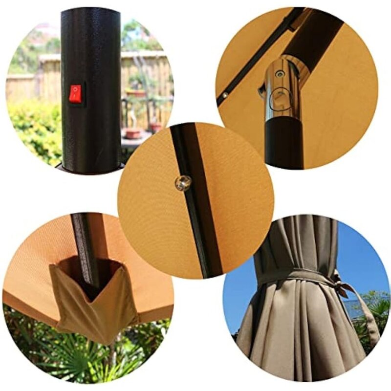 Sunnyglade, 9 дюймов, зонт для внутреннего дворика с освещением на солнечных батареях с 8 ребрами, регулировка наклона и система подъема кривошипа (стандартный загар), прочный и стабильный