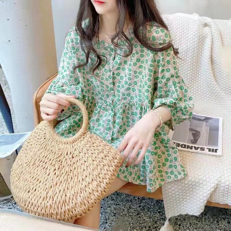 Summer Top New Korean Style Loose Fit Round Neck Single Breasted Sweet Lantern Sleeve Fluffy Floral Print Casual Shirt for Women