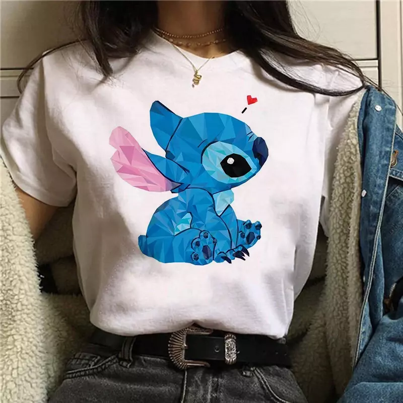 Disney-Lilo Feminino e Stitch Cartoon T-Shirt, T Gráfico Engraçado, Top Feminino Streetwear, Roupas de Moda, Y2K
