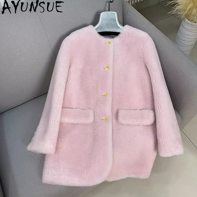 AYUNSUE Casual Sheep Shearing Jacket for Women Autumn Winter Mid-length 100% Wool Coat Round Neck Single-breasted Fur Coats