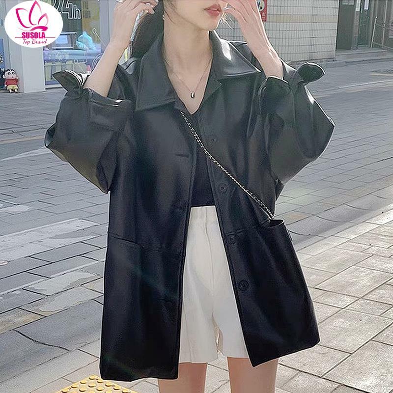SUSOLA mantel kulit Korea Selatan Chic, kerah Polo Retro klasik baru, pakaian luar longgar kancing sebaris, lengan panjang hitam