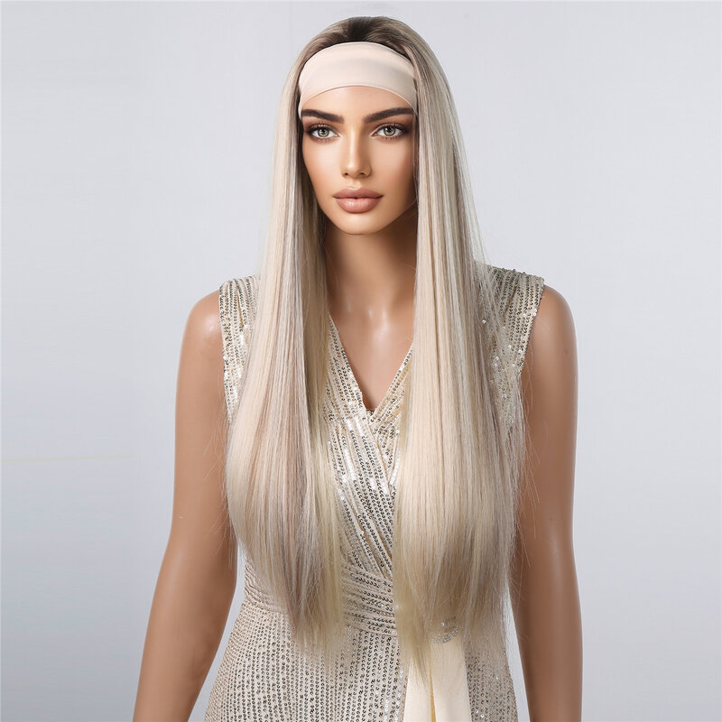 ALAN EATON Long Blonde Synthetic Headband Wig Ombre Blonde Straight Hair Wigs Natural Looking Heat Resistant Fiber for Daily Use