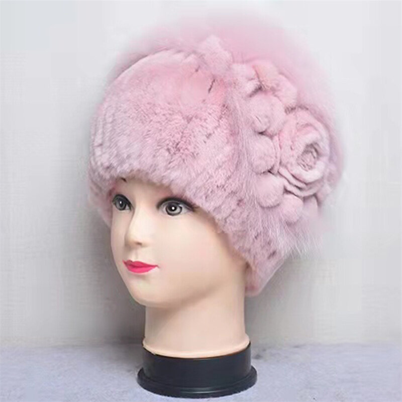 New 2023 Women's Fur Hat Winter Natural Rex Rabbit Hair Knitted Warm Hat Luxury Thickened Warm Fashion Soft Ear Protection Hat