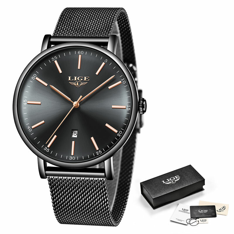 LIGE jam tangan untuk pria, arloji merek terkenal mewah bercahaya ramping baja jala Quartz tanggal otomatis Reloj Hombre + kotak