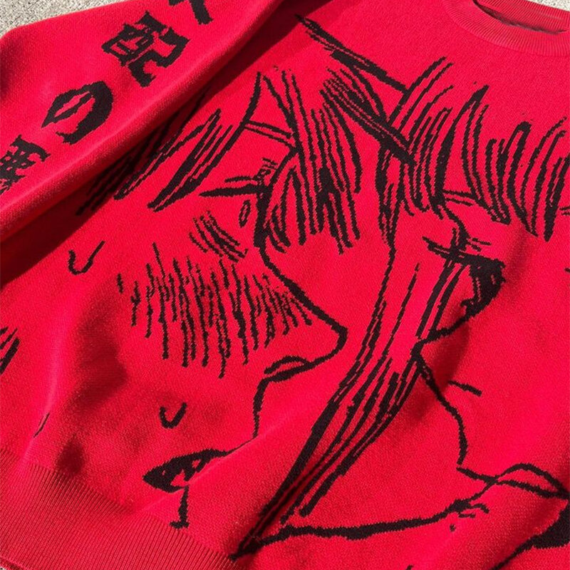 y2k Harajuku Cartoon Printed Knitwears Women Streetwear Hip Hop Destroyed Hole Ripped Pullovers Jumper Oversized Men sweater top