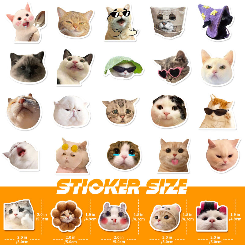 Tiktok Amuse Funny Cat Face Sticker, decalques à prova d'água, skate, telefone, chaleira, bicicleta, laptop, geladeira, grafite, crianças recompensas, 50 pcs, 100pcs