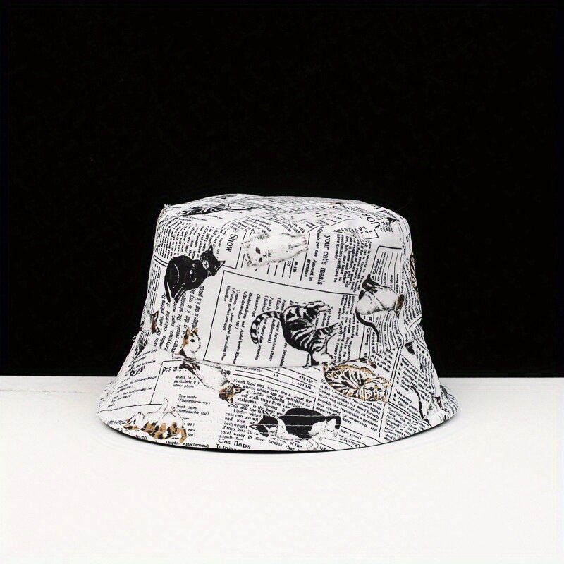 Cat Newspapers Print Bucket Hats Reversible Breathable Sun Protection Fisherman Hat For Men Women Summer Sports Hiking Bob Cap