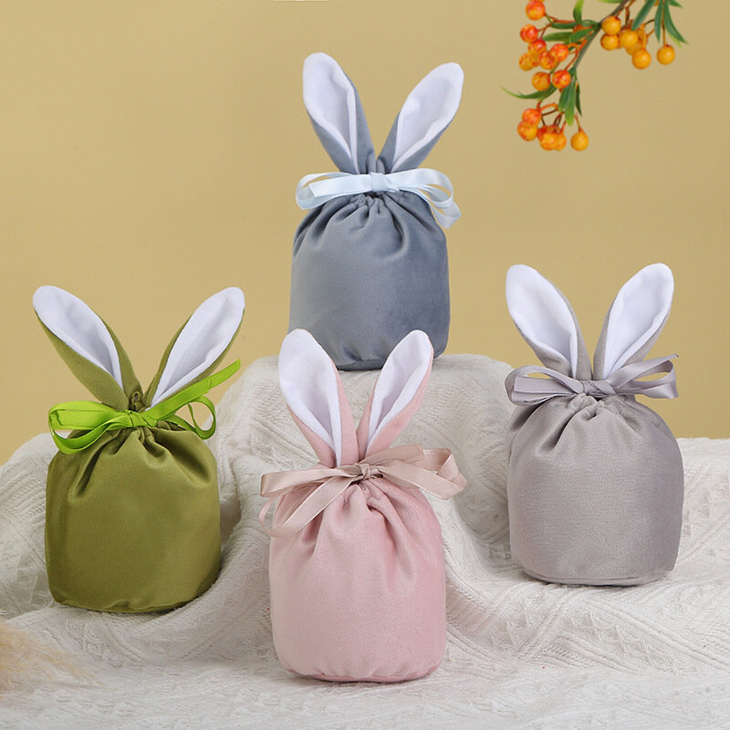 Bolsas de conejo de pascua, bolsa de terciopelo con orejas, caja de embalaje de dulces, decoración de fiesta de boda, regalo