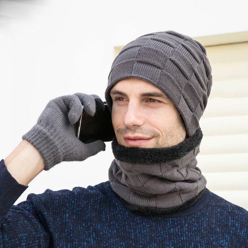 Sarung tangan rajut untuk pria, topi beanie kasual nyaman elastis musim dingin, sarung tangan syal leher