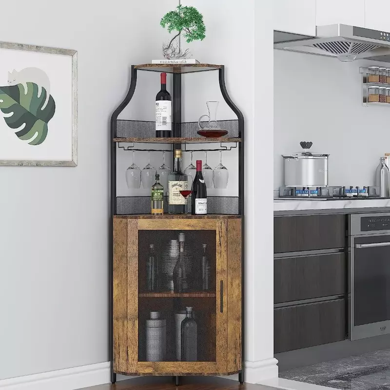 Corner  Cabinet with Removable Wine Rack, Wine Bar Cabinet with Barn Door and Adjustable Shelves, Industrial Wine Cabinet