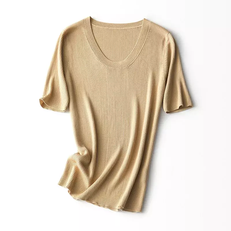 T-shirt de manga curta para mulheres, gola redonda, algodão elástico, simples, aberto colar em v, novo verão 2023