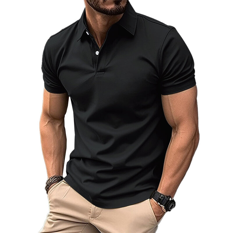 Повседневная офисная Мужская блузка Fashoin, спортивная летняя футболка, футболки, дышащие топы с пуговицами и коротким рукавом