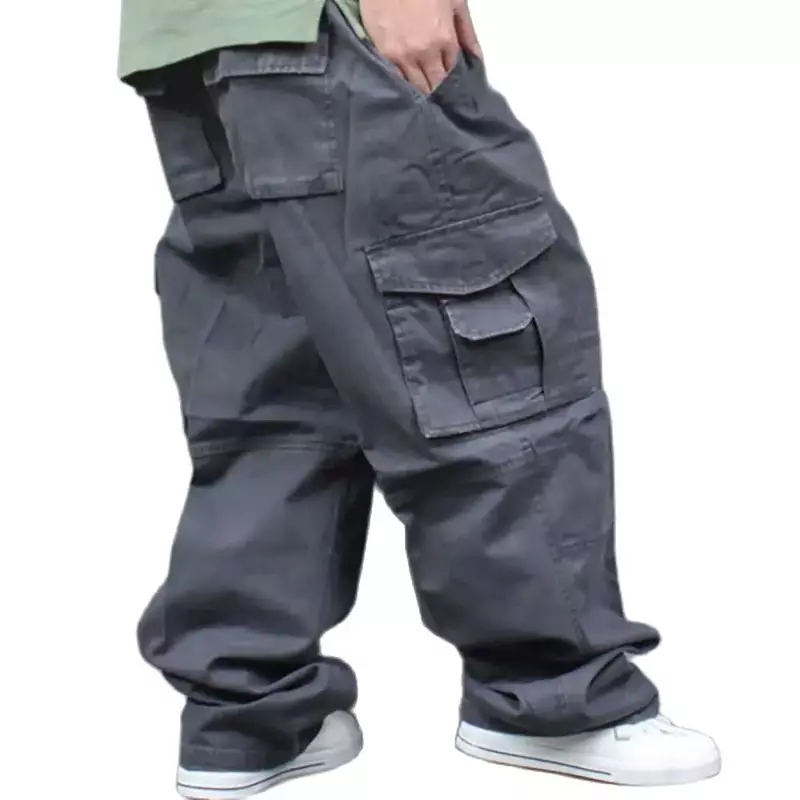 Plus Size pantaloni larghi Cargo da uomo Casual in cotone da esterno con tasca grande pantaloni dritti a gamba larga vestiti maschili
