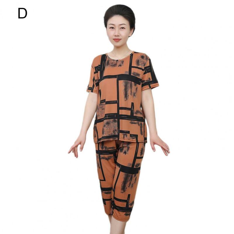 Damska piżama damska Dwuczęściowy letni garnitur w stylu etnicznym Damski zestaw spodni T-shirt z nadrukiem Top Przycięte spodnie na co dzień