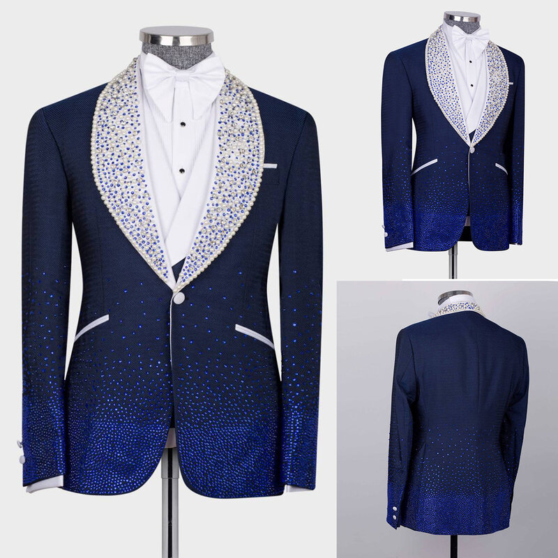 Fashion Men Wedding Suits Shawl Lapel Tuxedos Beads Pearls 3 Pcs Custom Made Prom Evening Party(Blazer+Pants+Vest)