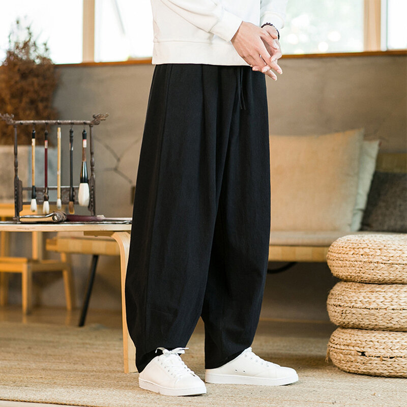 Spodnie spodnie szerokie luźne męskie w jednolitym kolorze workowate bawełniane i lniane elastyczne spodnie lampion Pant zimowe