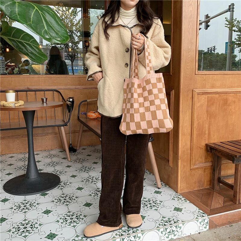 Daily Korean Travel Large Capacity Shopping Outdoor Tote Purses Checkerboard Shoulder Bag Underarm Bags Knitted Plaid Handbag