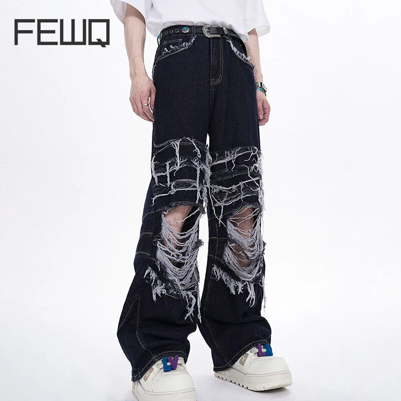FEWQ American Style Jeans Summer Men's New High Street Hole Trousers Niche Design Fashion Trend Looes Straight-leg Pants 24Y116