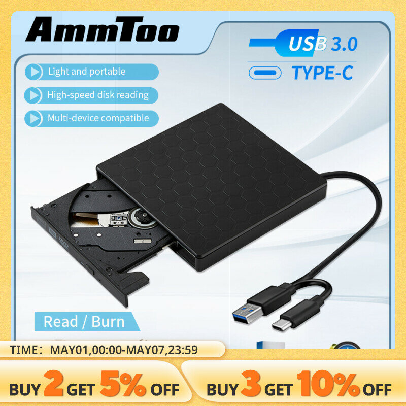AMMTOO External DVD Drive USB 3.0 Portable +/-RW Player for CD ROM Burner Compatible with Laptop Desktop PC Windows