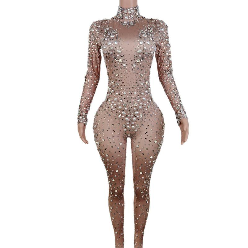 Women Long Sleeve Spandex Club Prom Party Outfit Singer Jazz Dance Stage Costume Sparkly Rhinestones Crystal Jumpsuit Tiaoliao
