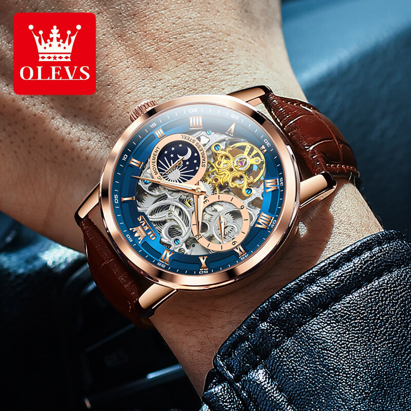Olevs-メンズ自動機械式時計、トゥールビヨンスポーツウォッチ、レザー、カジュアル、ビジネス、レトロリストウォッチ