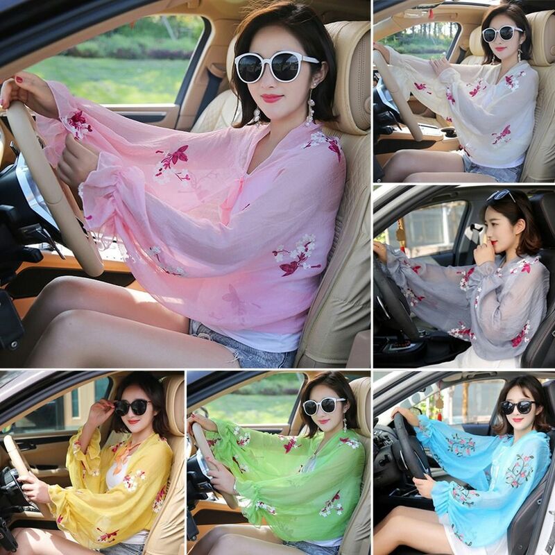 Women Chiffon Embroidered Floral Sun Protection Sleeves Long Shirt Driving Scarf Beach Shawl