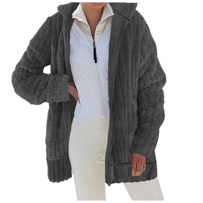 Womens outono inverno quente de pelúcia zip bolso com capuz outerwear solto jaquetas feminino grosso streetwear casaco de lã de pele do falso camisola