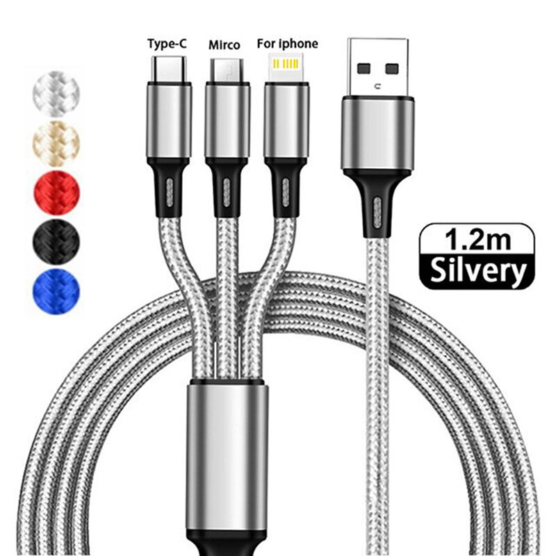 3 In 1 Fast Charging Cable Cord For iPhone Xiaomi Poco Micro USB Type C Charger Cable Multi Port Multiple Usb Charging Wire Line