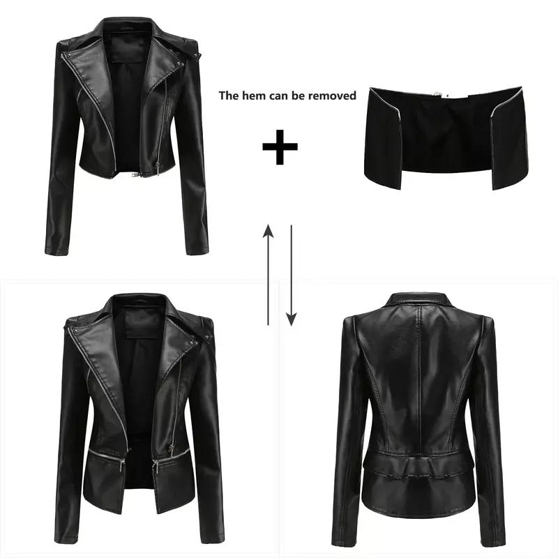2024 Women's Detachable Autumn Fashion Casual PU Leather Jacket with Hem