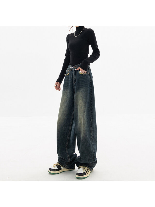 Mode Korea Celana Jeans Biru Gaya Jalanan Lurus Pinggang Tinggi Wanita Y2K Antik Kaki Lebar Wanita Celana Longgar Denim