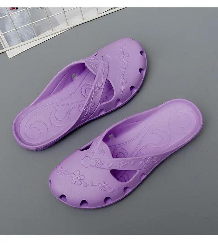 New Women's Summer Baotou Hollow Out Low Heel Slippers Free Shipping Soft Sole Non Slip Breathable Home Slippers Outdoor Slipper