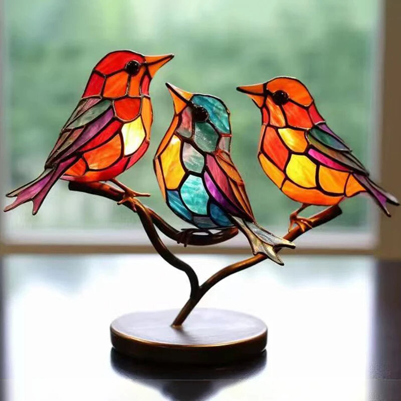 Stained Acrylic Birds on Branch Desktop Ornaments, Double Sided Multicolor Style Craft Statue Ornaments