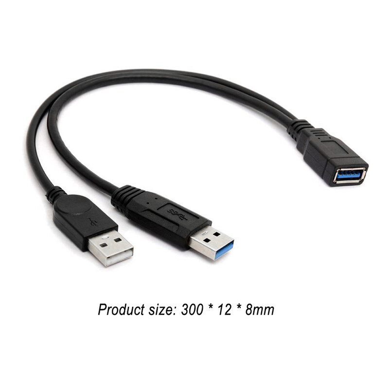 Kabel ekstensi daya ekstra Data Y, kabel ekstensi USB 3.0 betina ke USB ganda tipe A jantan hitam