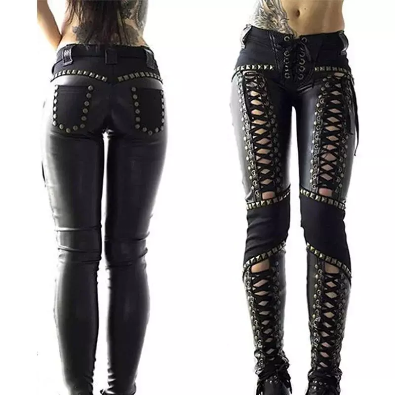 Punk Rock imitação de couro lápis calças femininas, sexy oco fora bandagem Leggings, streetwear, novo