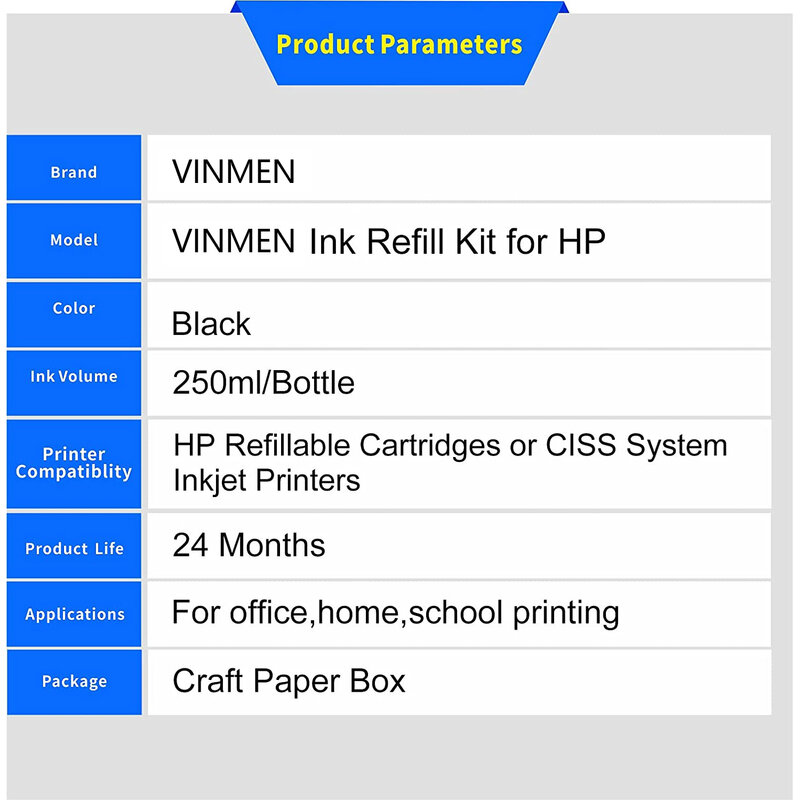 Vinmen printers' tinta compatível hp tinta preta reenchimento kit 250ml tinta corante a granel