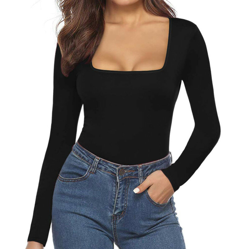 Y2K Solid Sexy Bodysuit Women Black Square Neck Long Sleeve Skinny Bodycon Jumpsuits T Shirt 2024 Night Party Clubwear Bodysuits