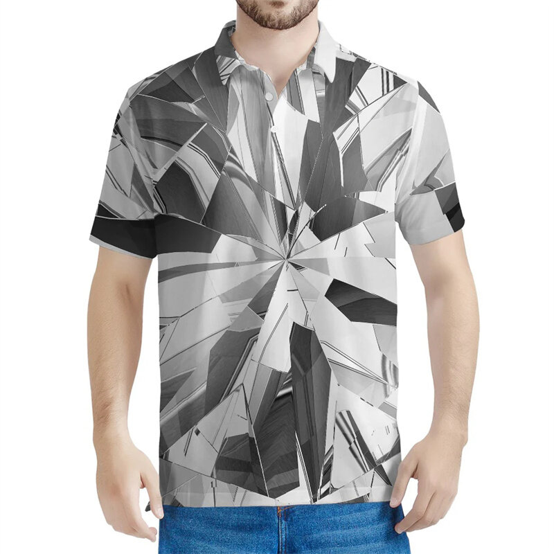 Рубашка-поло мужская с геометрическим рисунком, модная уличная свободная футболка с лацканами и короткими рукавами, с 3D принтом, на пуговицах, лето