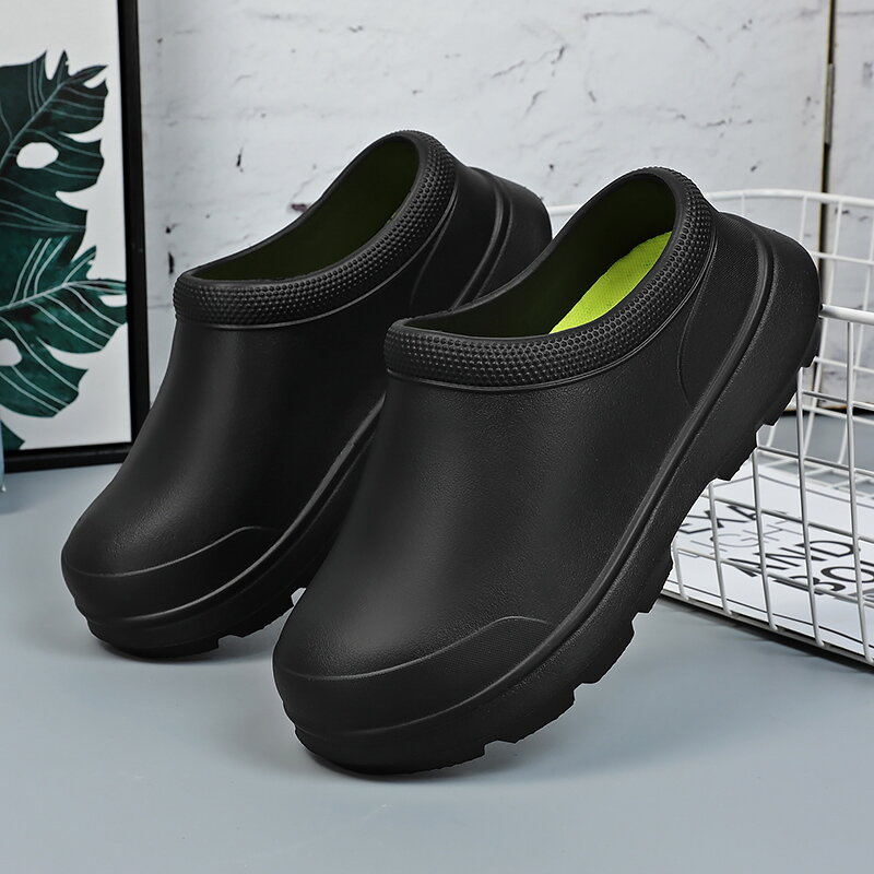남성용 주방 미끄럼 방지 요리사 신발, 2024 방수 내유성 및 미끄럼 방지 작업화, 힐 없는 여성용 하프 슬리퍼