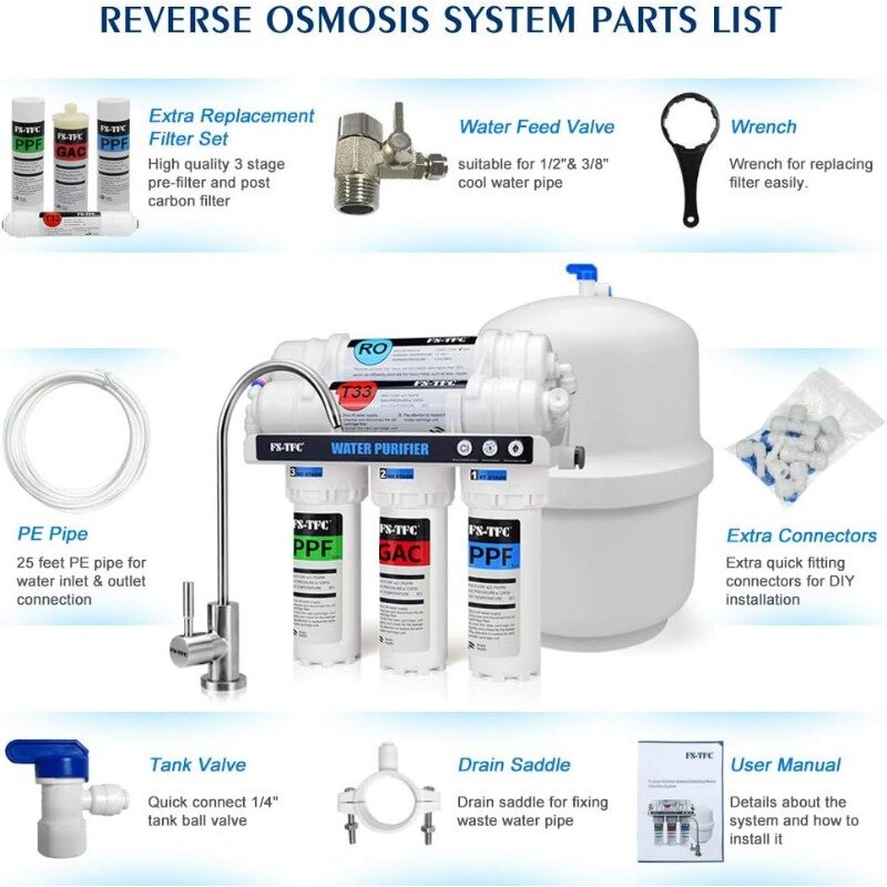 Sistema de filtragem de água, osmose reversa de 5 estágios, 100GPD Fast Flow, além de filtro extra 4 grátis, FS-TFC, FS-RO-100G-A