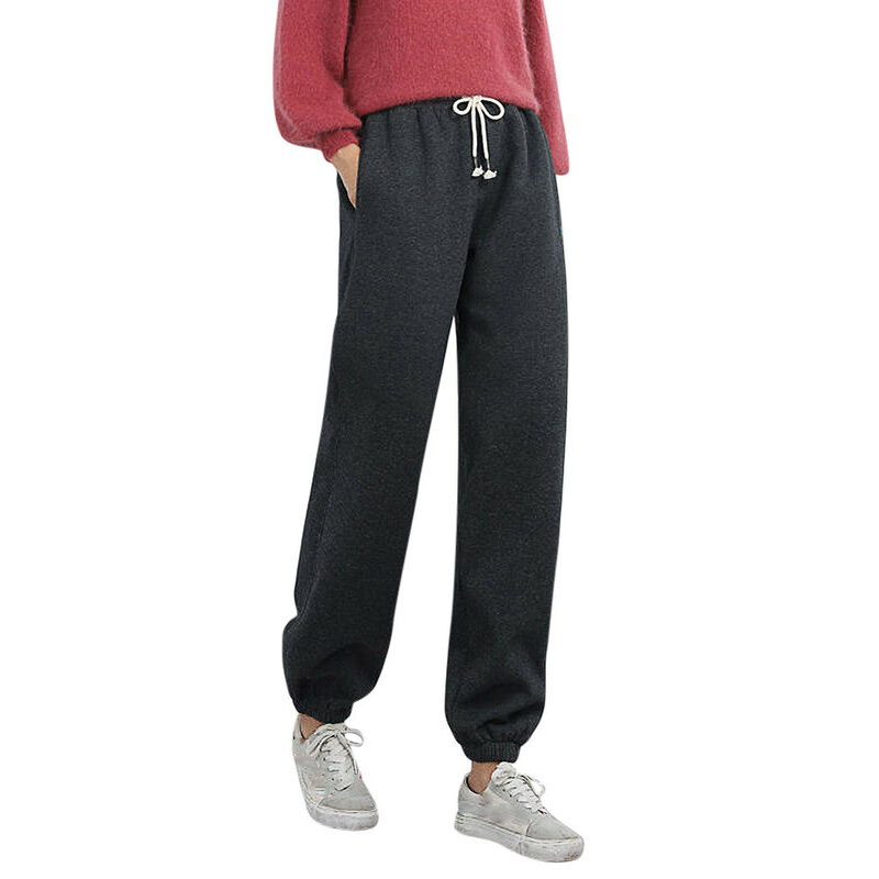 กางเกงฮาเร็มสำหรับผู้หญิงฤดูหนาวกางเกงฮาเร็มขนแกะแบบผูกเชือกยาวกางเกงวอร์ม Y2K หนากางเกงวิ่งกางเกงกีฬาลำลองสีทึบกางเกงอบอุ่น