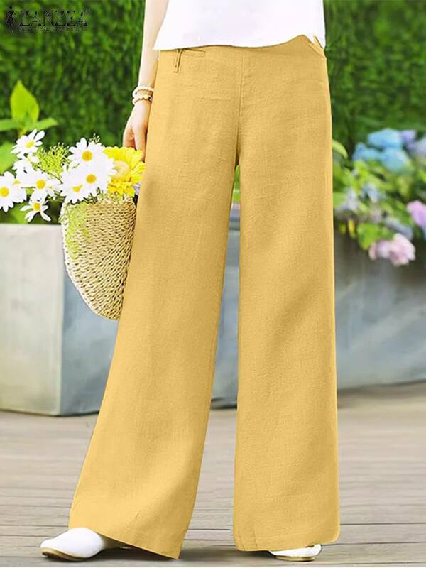 ZANZEA Solid Color Cotton Linen Long Trouser Elegant Vintage Plain 2024 Summer Slacks Casual Daily Women Pantalon Wide Leg Pantalon