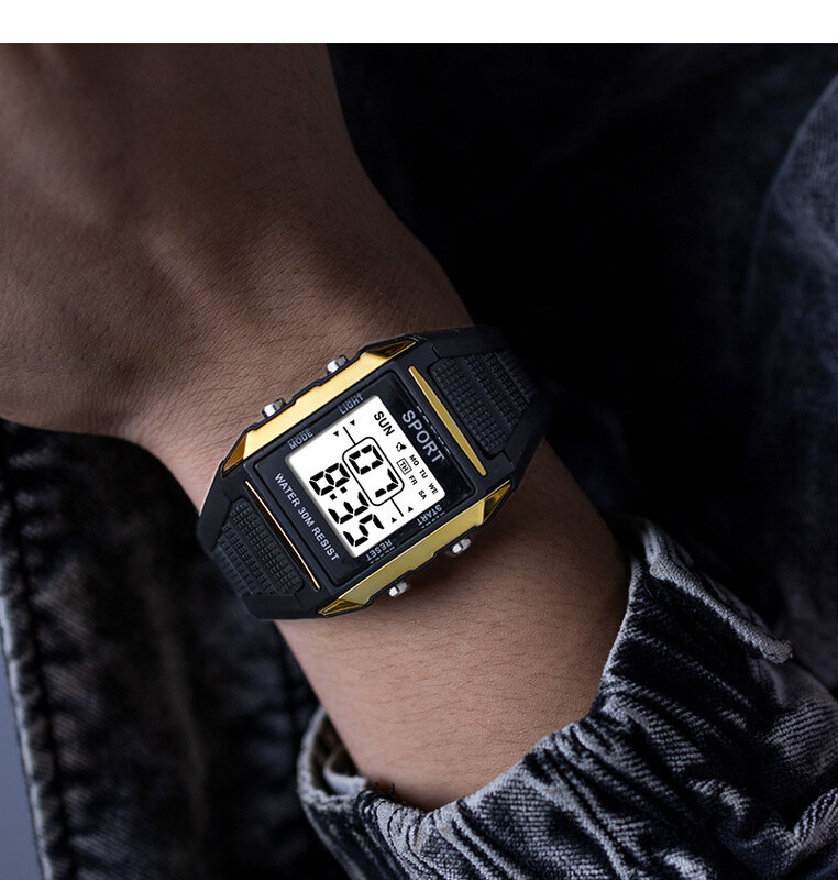 Yikaze นาฬิกาข้อมือสปอร์ตกันเหงื่อกันน้ำระบบดิจิตอลโครโนกราฟนาฬิกาทหารลำลองเรืองแสงมัลติฟังก์ชั่น