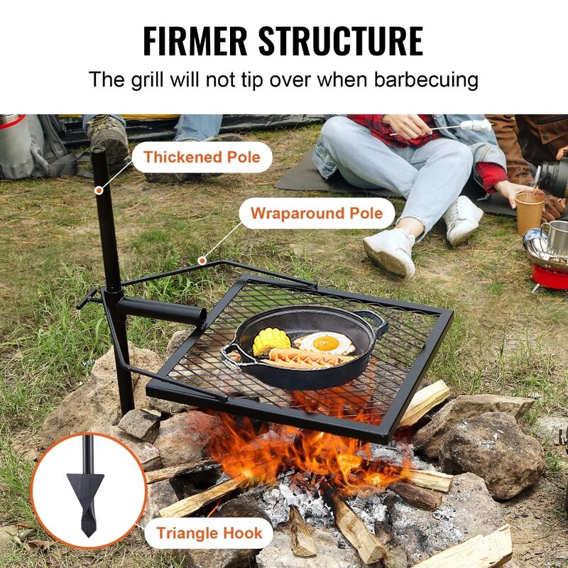 Swivel Campfire Grill 16" x 16" Heavy Duty Steel Open Fire Cooking Grate Adjustable