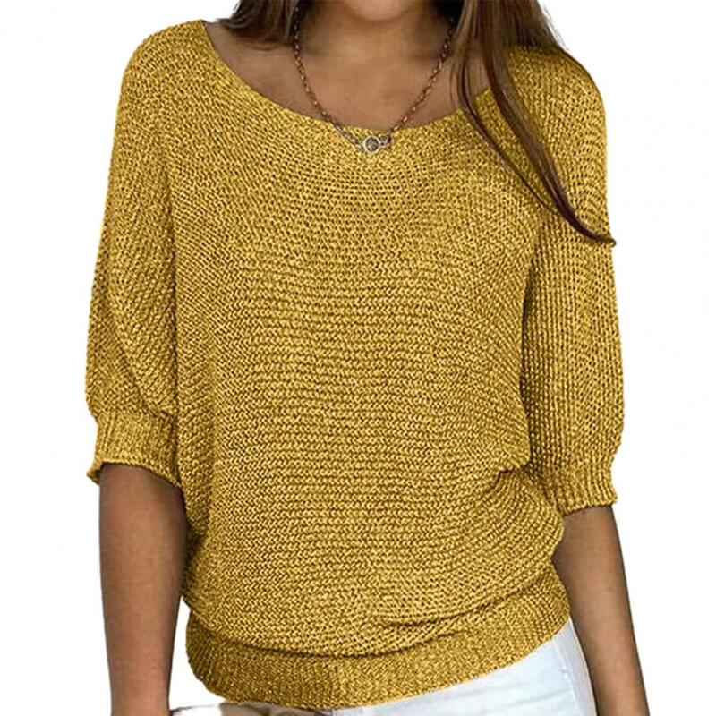 Casualowa sweter z okrągłym dekoltem stylowa damska dzianina luźny krój pulowerowe topy z 3/4 rękawami na jesień-zimę w jednolitym kolorze