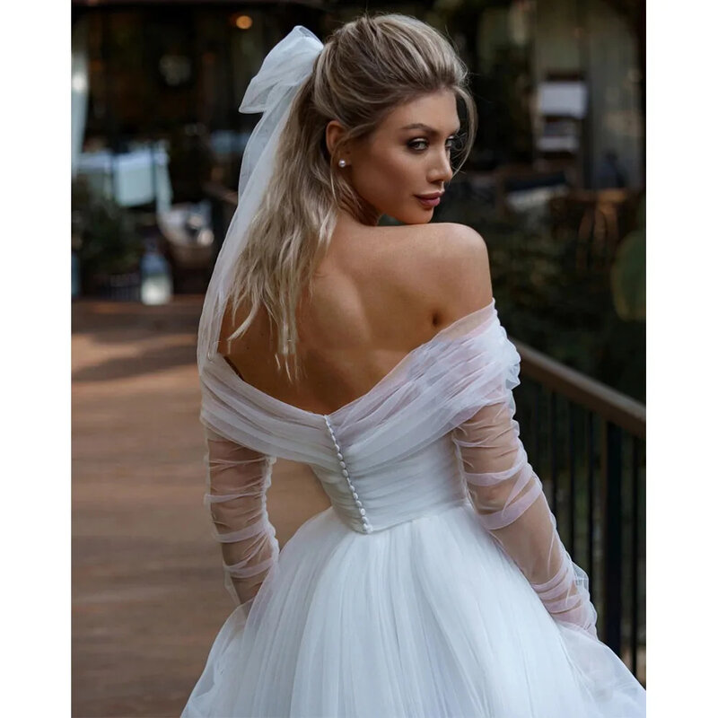 Simple White Tulle A Line Wedding Dress With Detachable Wrap Off The Shoulder Long Sleeves Pleats Sweetheart Boho Bridal Gowns