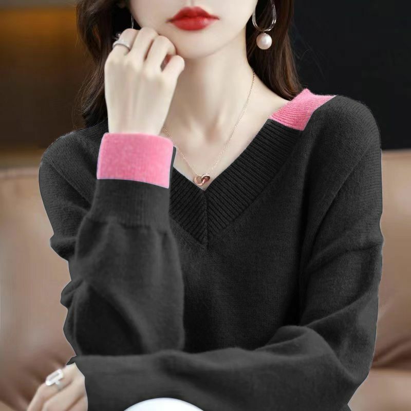 Новинка весна-осень 2023 Модный корейский свободный свитер с V-образным вырезом пуловер с длинным рукавом для женщин вязаные топы с цветными вставками