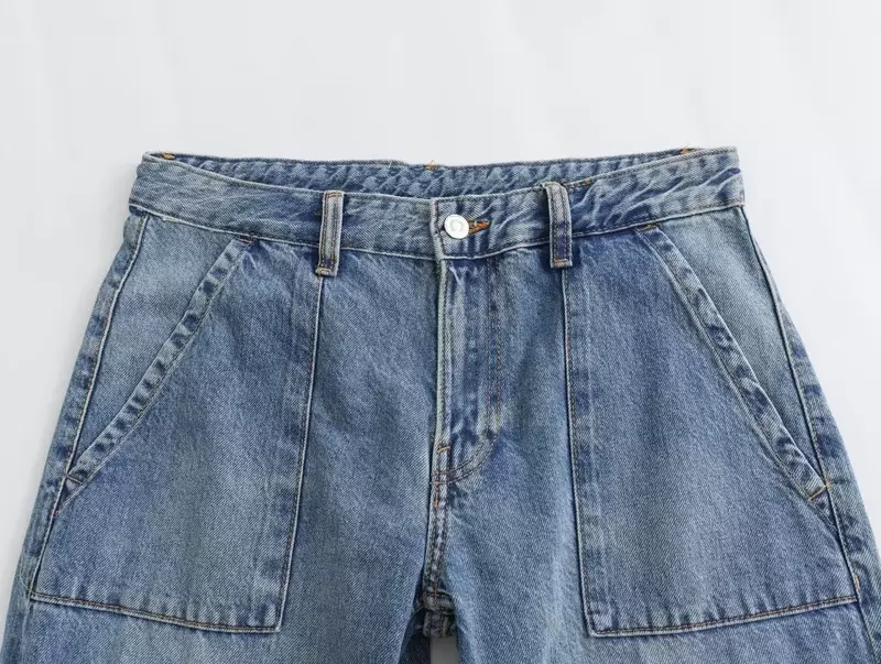 Calça jeans feminina casual solta, calça jeans feminina, vintage, decoração de bolso com alça, cintura média, zíper, nova moda, 2023
