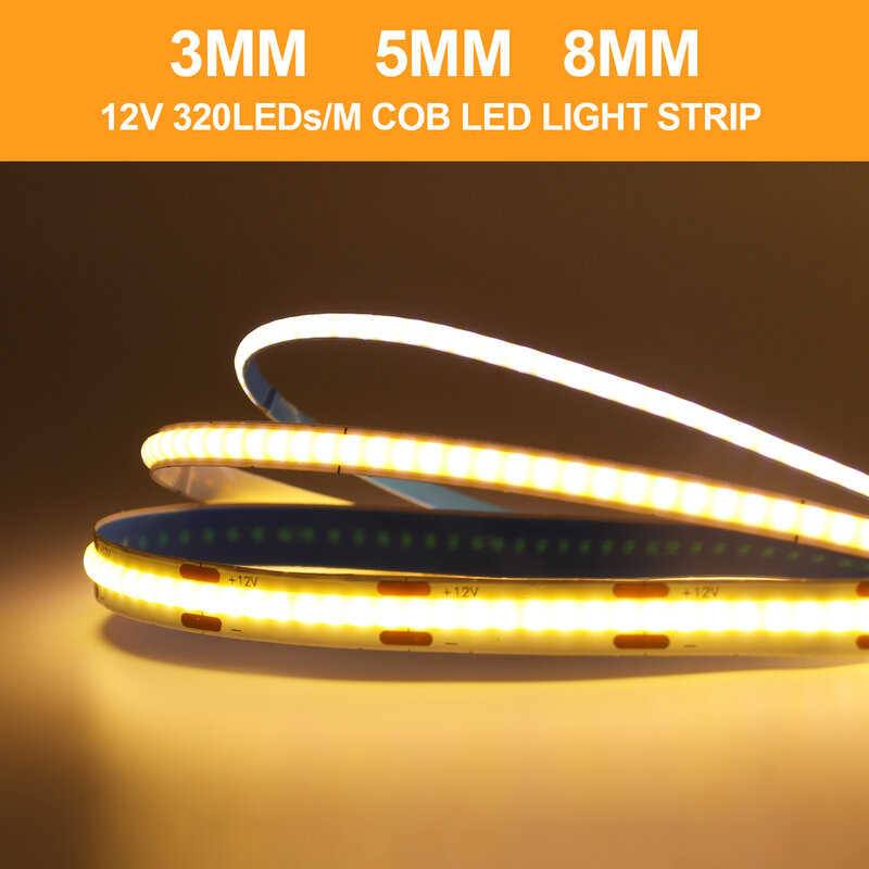 Bande Lumineuse LED COB Flexible avec Adhésif, Éclairage Linéaire Haute Densité, USB, 5V, 12V, 3mm, 5mm, 8mm de Largeur, 320 Gible